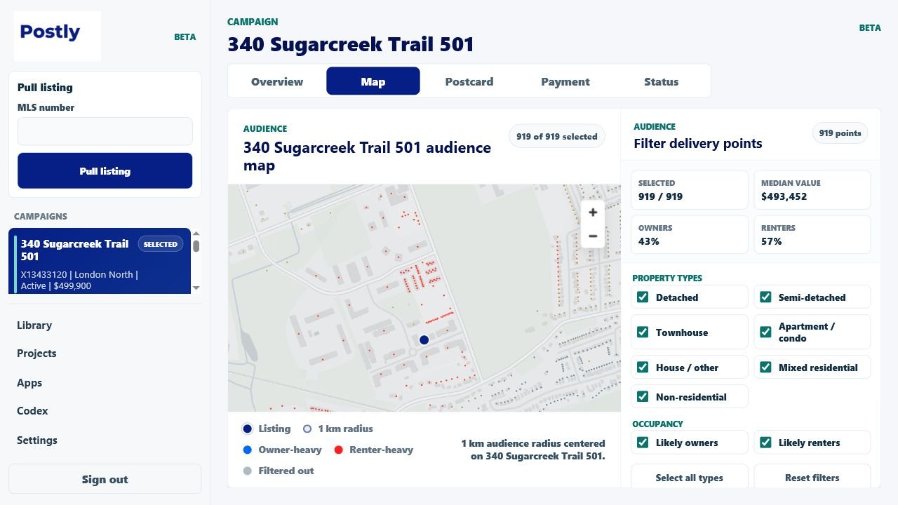 Postly address map and audience filters
